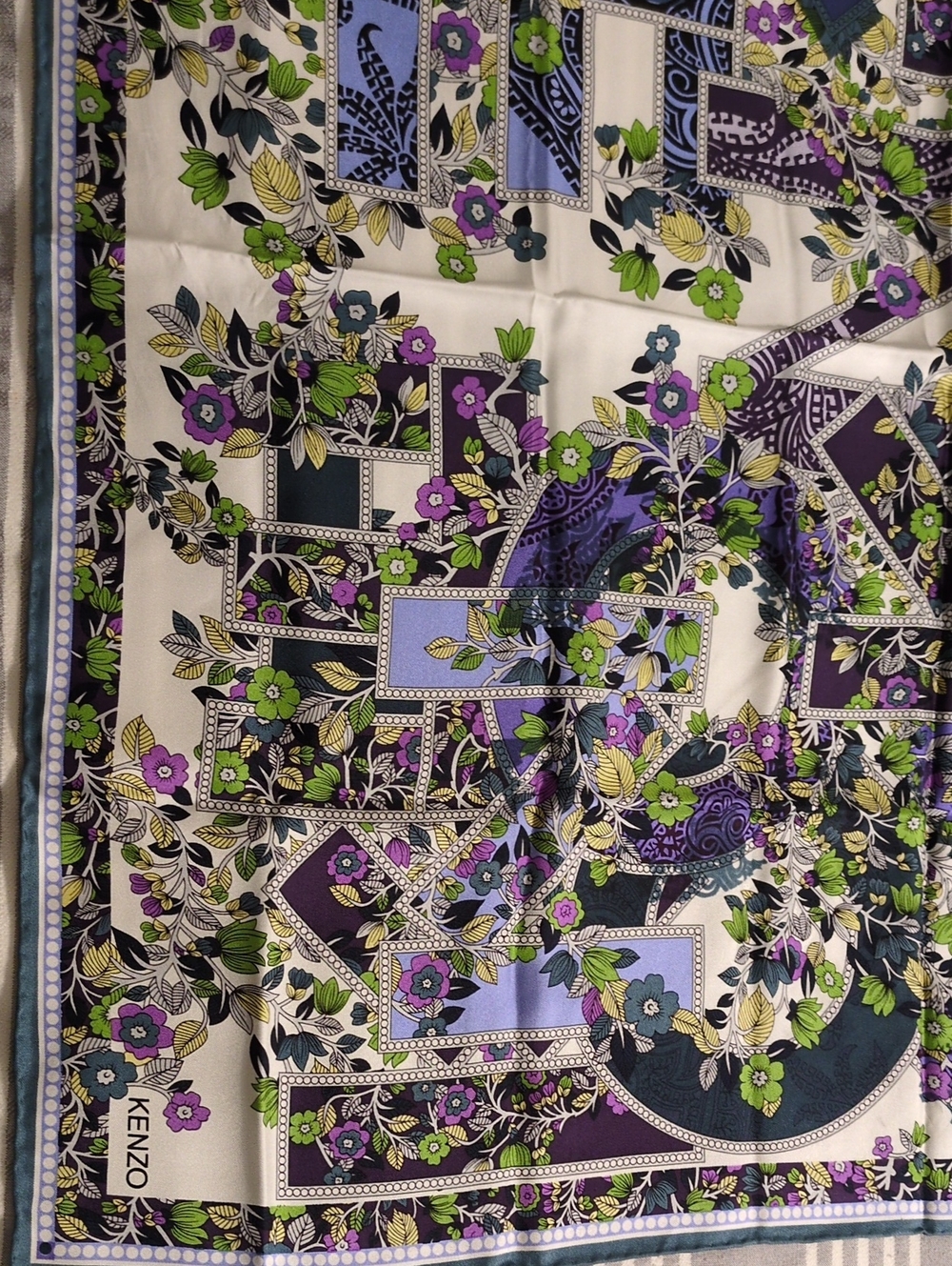 Kenzo Floral Patchwork Scarf in Purple, Green & Cream